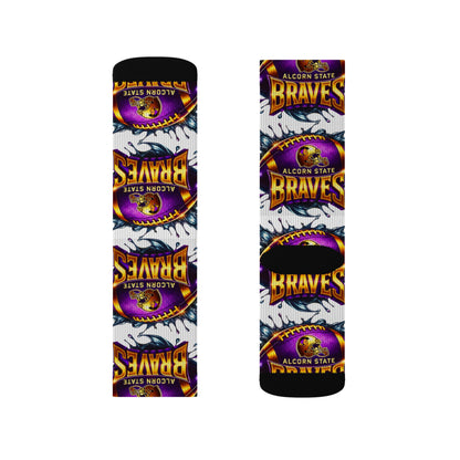 Alcorn State Braves Sublimation Socks, Custom Athletic Crew Socks, HBCU Pride Gift, Purple & Gold Fan Gear, Game Day Accessory, Gift for