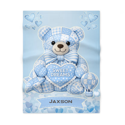 Blue Patchwork Teddy Bear Sweet Dreams baby blanket | soft fleece nursery decor