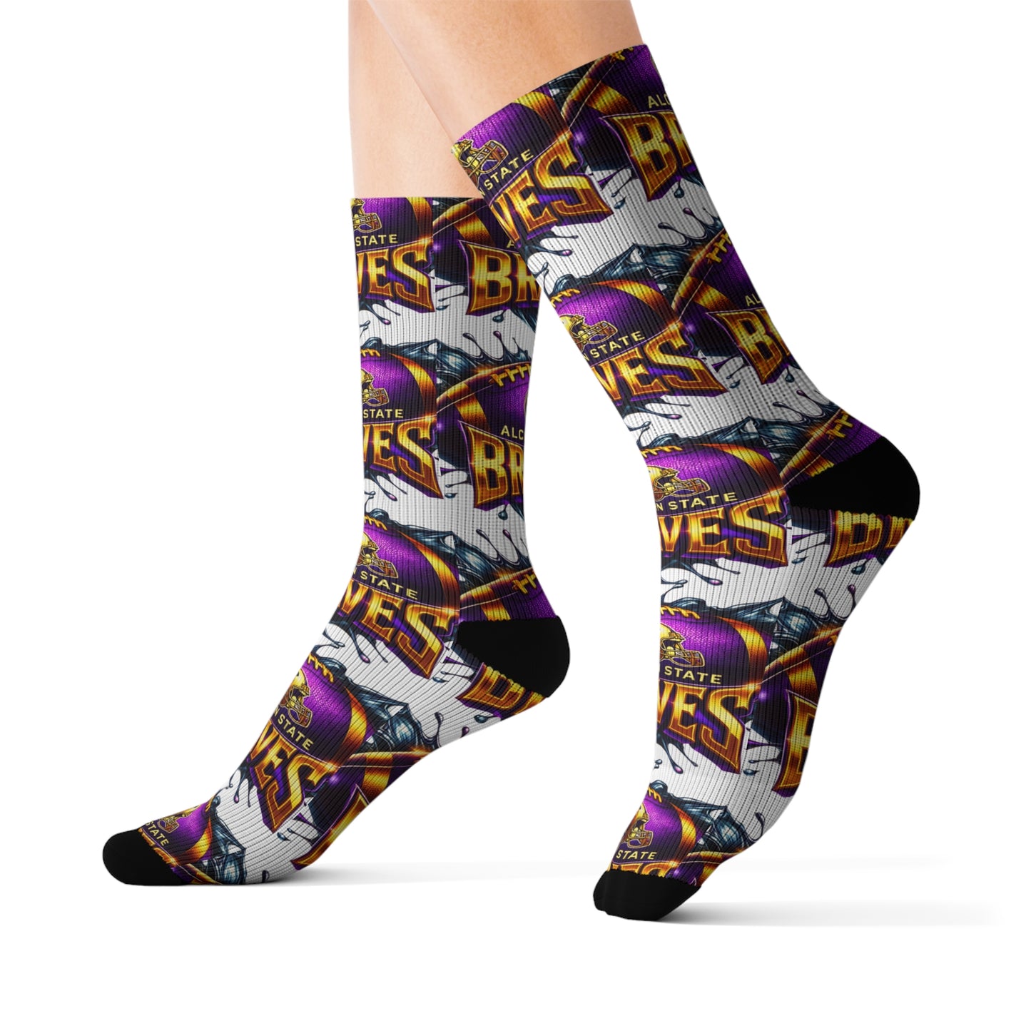 Alcorn State Braves Sublimation Socks, Custom Athletic Crew Socks, HBCU Pride Gift, Purple & Gold Fan Gear, Game Day Accessory, Gift for