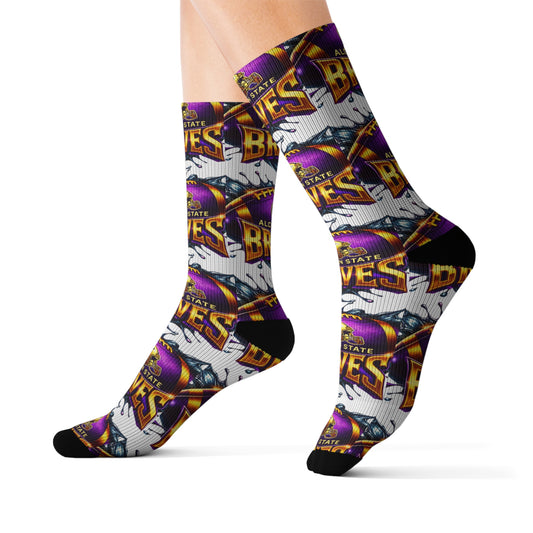 Alcorn State Braves Sublimation Socks, Custom Athletic Crew Socks, HBCU Pride Gift, Purple & Gold Fan Gear, Game Day Accessory, Gift for
