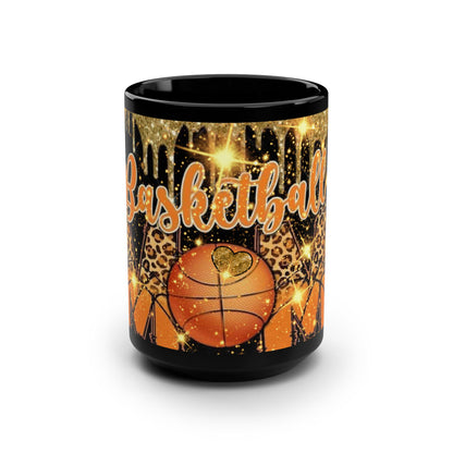 Basketball Mom Black Mug, 15oz with Dripping Gold Design and Sparkles - Gift for Sports Moms, Basketball Fans - Christmas Present, Birthday