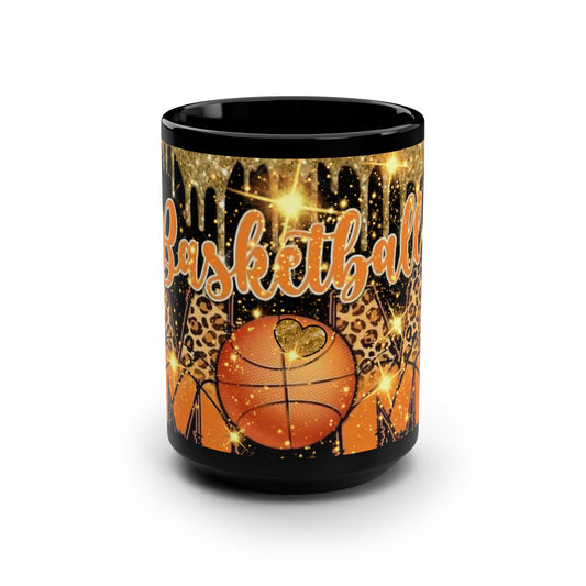 Basketball Mom Black Mug, 15oz with Dripping Gold Design and Sparkles - Gift for Sports Moms, Basketball Fans - Christmas Present, Birthday