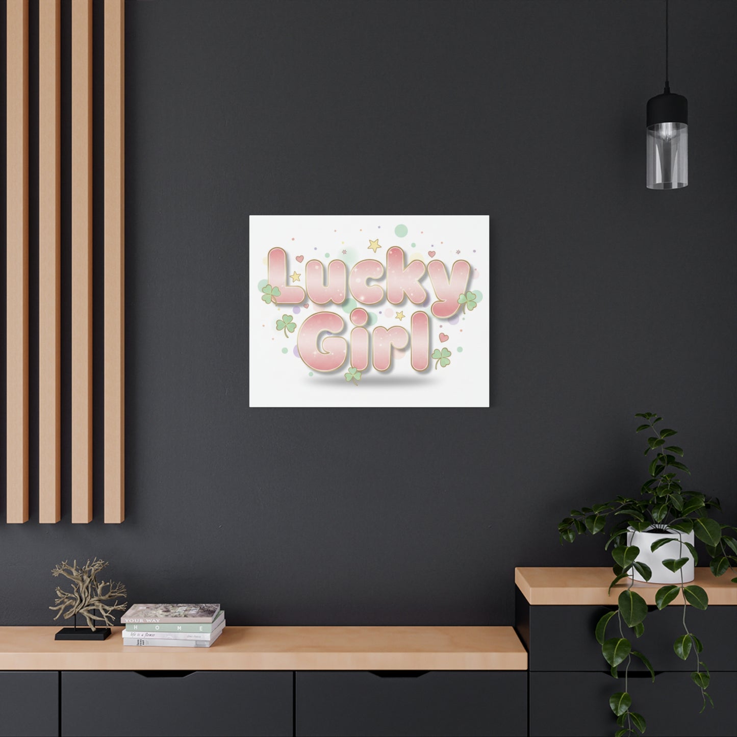 Lucky Girl mantra Canvas, Manifest Luck wall art | 2026 lucky charms, pastel metallic accents