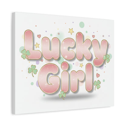 Lucky Girl mantra Canvas, Manifest Luck wall art | 2026 lucky charms, pastel metallic accents