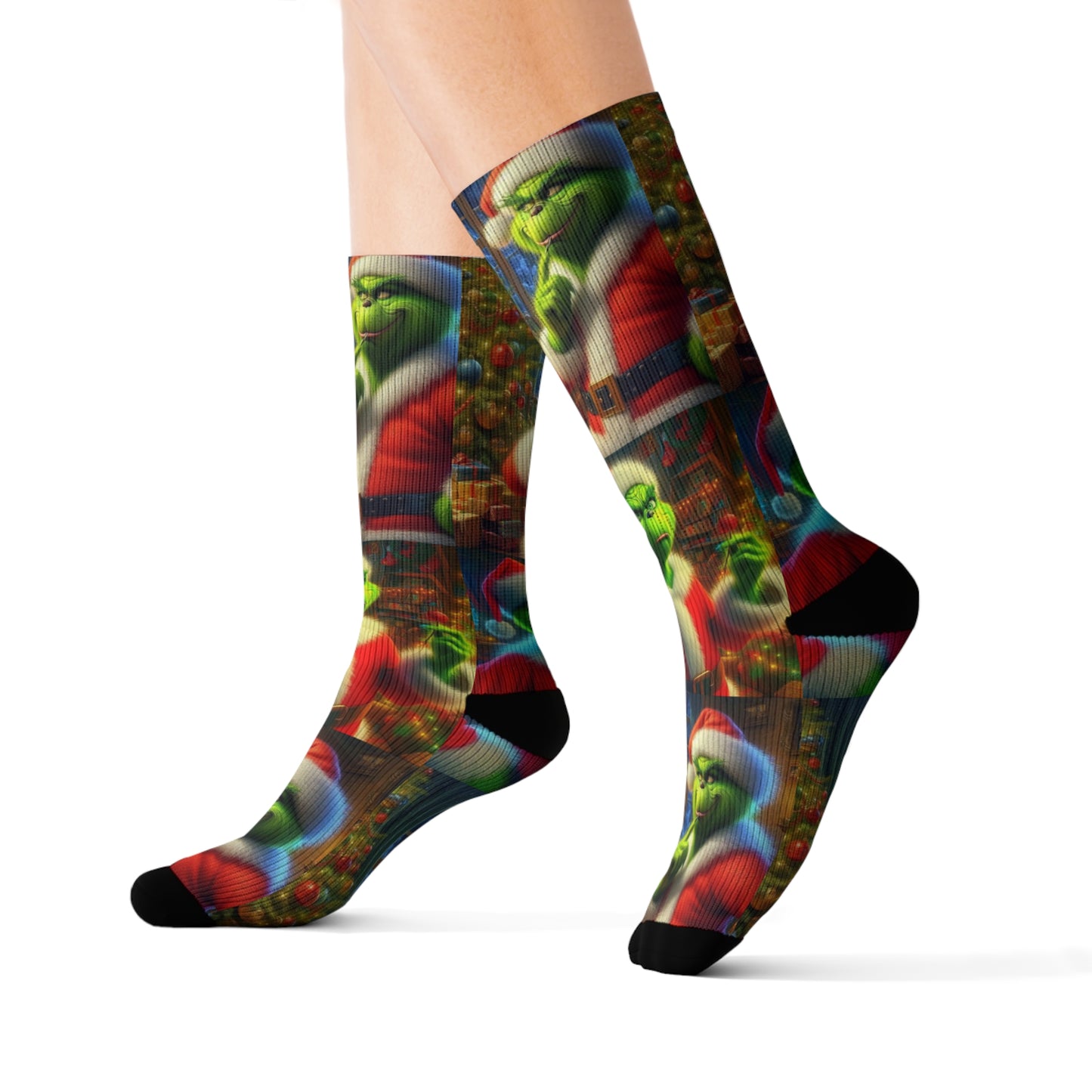 Grinch Christmas Sublimation Socks - Funny Holiday Crew Socks - Santa Grinch Gift - Vibrant Print Xmas Stocking Stuffer, Sublimated Socks,