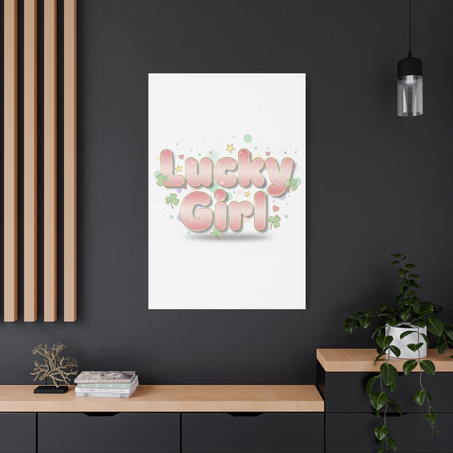 Lucky Girl mantra Canvas, Manifest Luck wall art | 2026 lucky charms, pastel metallic accents