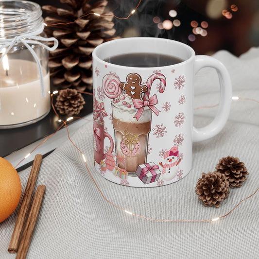 Christmas Holiday Pink Themed Ceramic Mug with Festive Drinks Design, 11oz, 15oz
