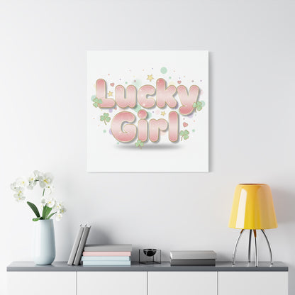 Lucky Girl mantra Canvas, Manifest Luck wall art | 2026 lucky charms, pastel metallic accents
