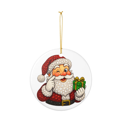 Winking Santa with Present Ceramic Ornament | Christmas Tree Decoration