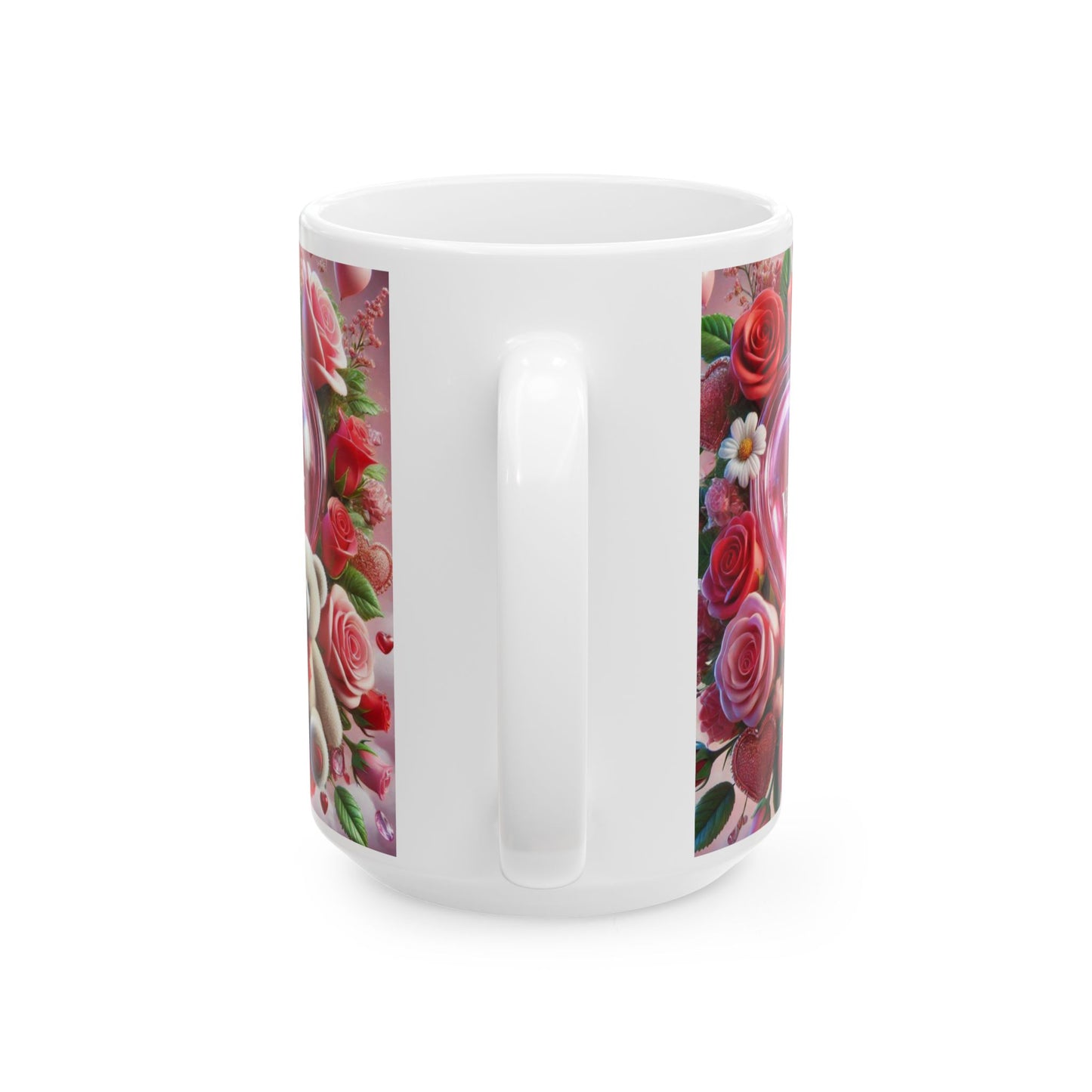 Valentine's Coffee Mug, Be My Valentine Pink Rose Bouquet Ceramic Cup, Valentine's Gift, Teddy Bear, 11oz 15oz Mug for Her, Romantic Coffee