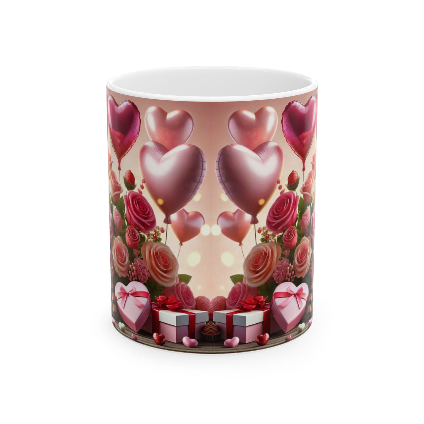 Valentine's Day Ceramic Mug, Pink and White Valentine's Coffee Cup, Romantic Valentine's Gift, 11oz, 15oz - Balloons, Roses, Chocolates