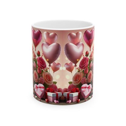 Valentine's Day Ceramic Mug, Pink and White Valentine's Coffee Cup, Romantic Valentine's Gift, 11oz, 15oz - Balloons, Roses, Chocolates