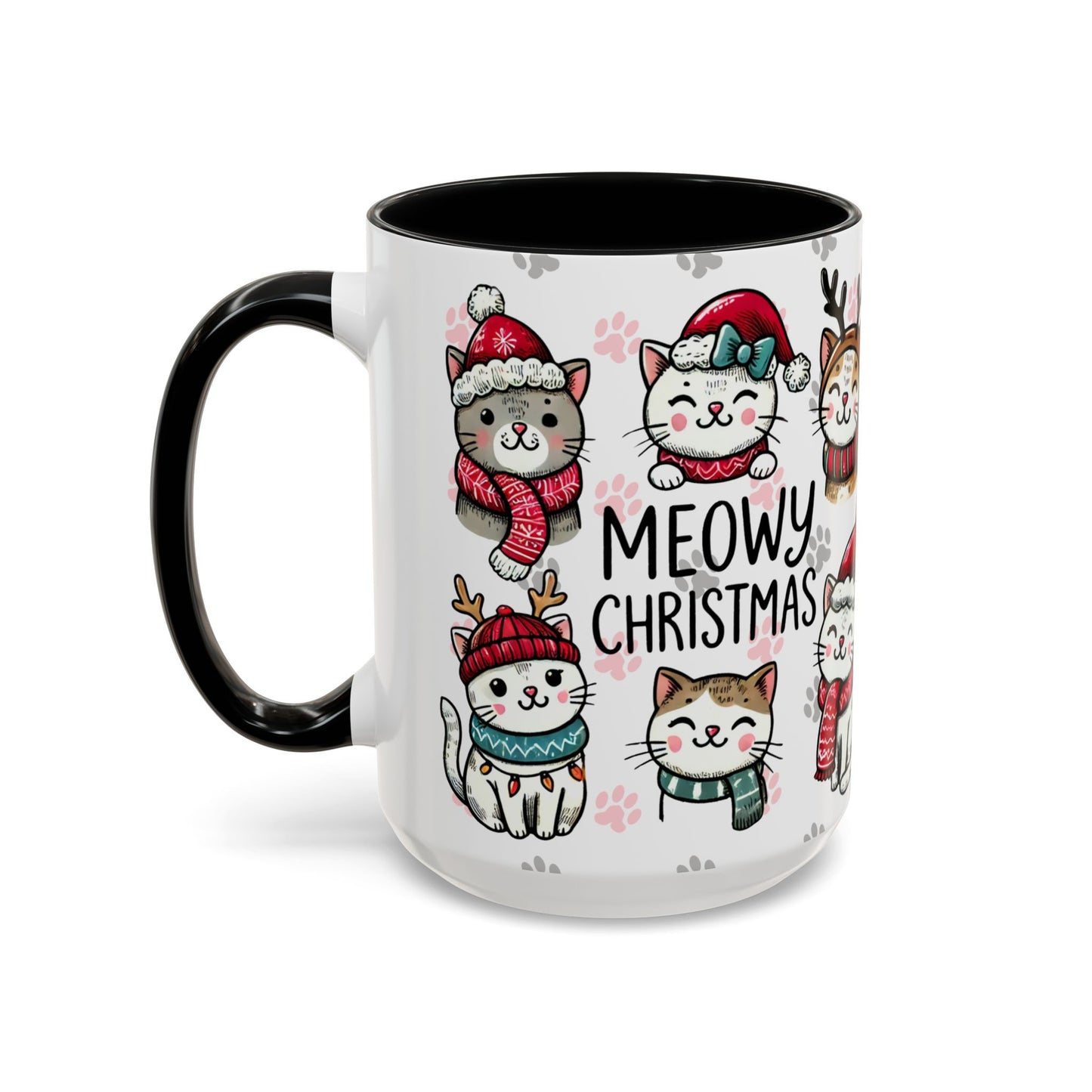 Meowy Christmas Cat Paw Accent Coffee Mug | Cats in Hats Scarves Antlers