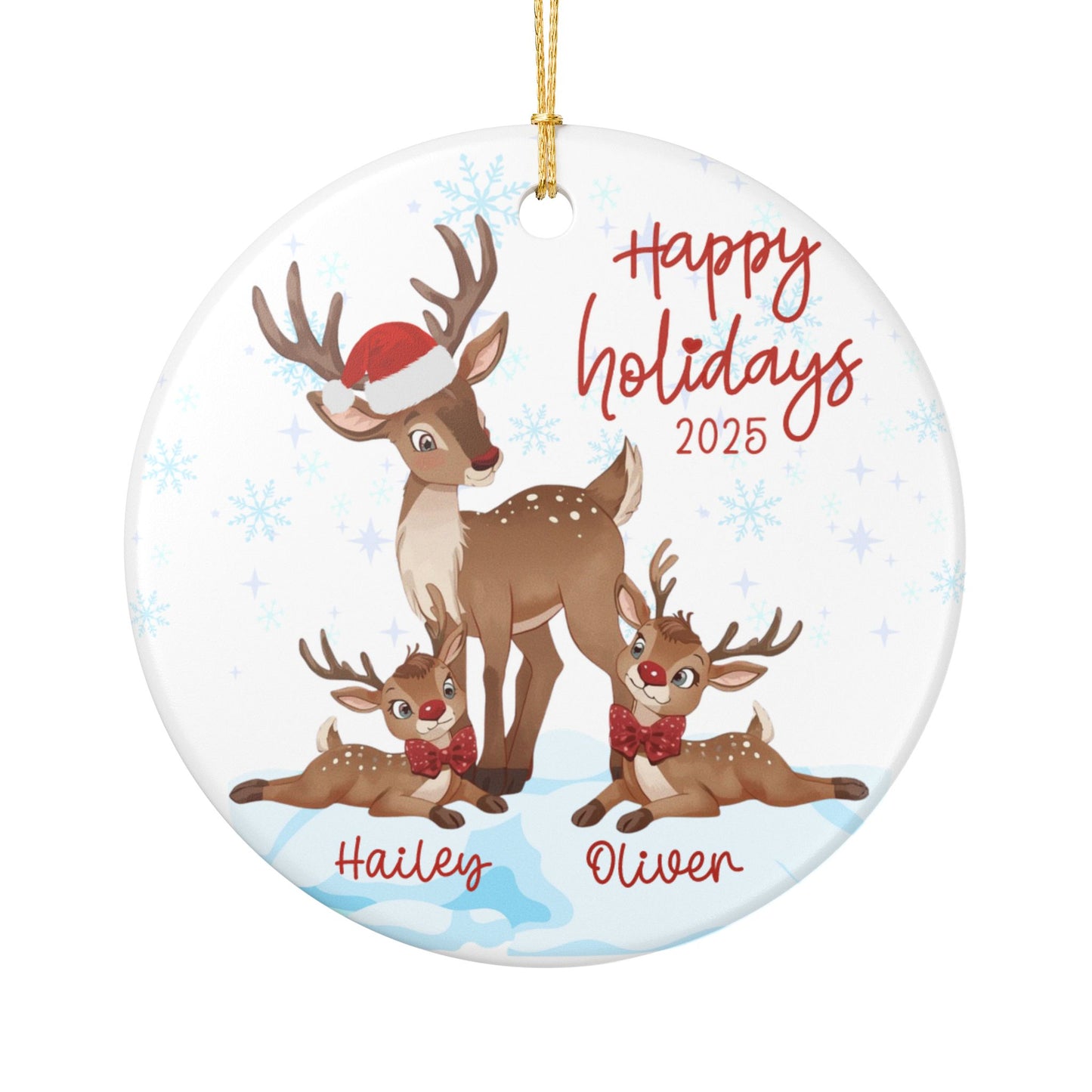 Personalized Reindeer Family Illustration Ornament | Ceramic Holiday Decoration