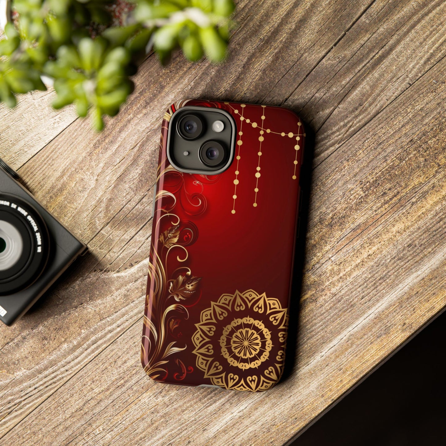 Filigree Red and Gold Tough Phone Case, Protective Cover for iPhone, Stylish Accessories for Women and Men, Durable Phone Case, Gift for Her