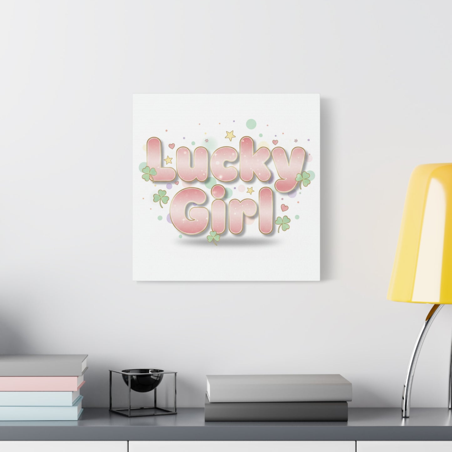 Lucky Girl mantra Canvas, Manifest Luck wall art | 2026 lucky charms, pastel metallic accents