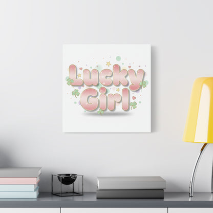 Lucky Girl mantra Canvas, Manifest Luck wall art | 2026 lucky charms, pastel metallic accents