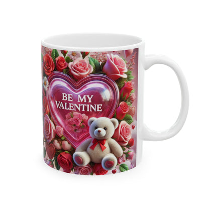 Valentine's Coffee Mug, Be My Valentine Pink Rose Bouquet Ceramic Cup, Valentine's Gift, Teddy Bear, 11oz 15oz Mug for Her, Romantic Coffee