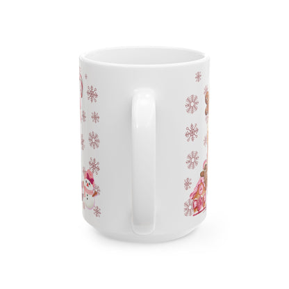 Christmas Holiday Pink Themed Ceramic Mug with Festive Drinks Design, 11oz, 15oz
