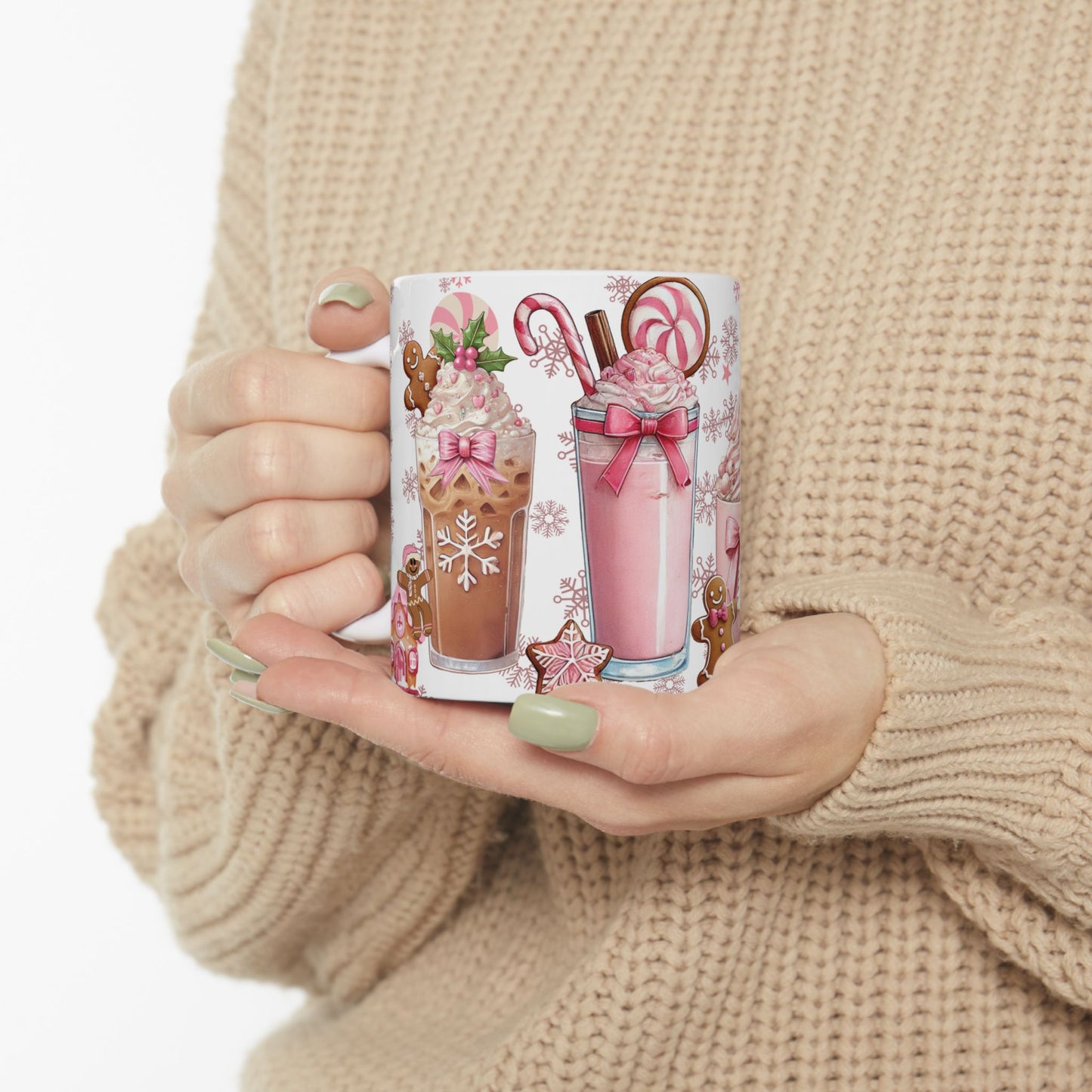 Christmas Holiday Pink Themed Ceramic Mug with Festive Drinks Design, 11oz, 15oz