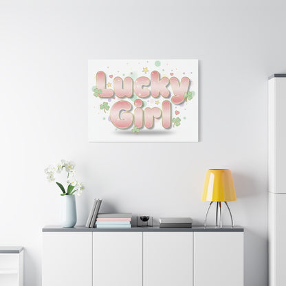 Lucky Girl mantra Canvas, Manifest Luck wall art | 2026 lucky charms, pastel metallic accents