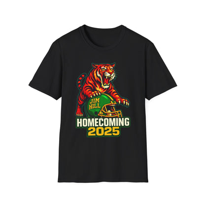 Jim Hill Tigers Homecoming 2025 T-Shirt | Fierce Tiger Mascot Football Graphic Tee | Green & Yellow School Spirit Shirt