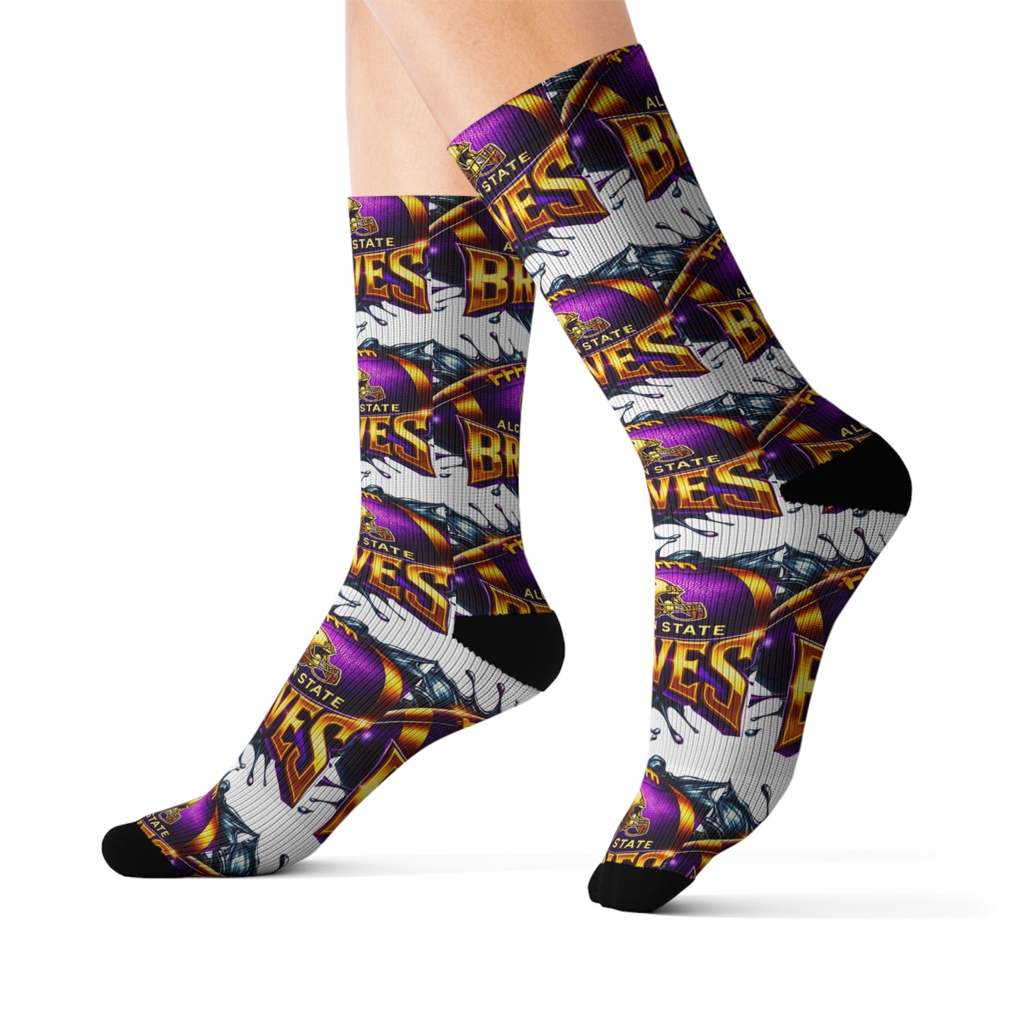 Alcorn State Braves Sublimation Socks, Custom Athletic Crew Socks, HBCU Pride Gift, Purple & Gold Fan Gear, Game Day Accessory, Gift for