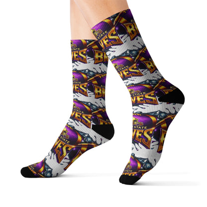 Alcorn State Braves Sublimation Socks, Custom Athletic Crew Socks, HBCU Pride Gift, Purple & Gold Fan Gear, Game Day Accessory, Gift for