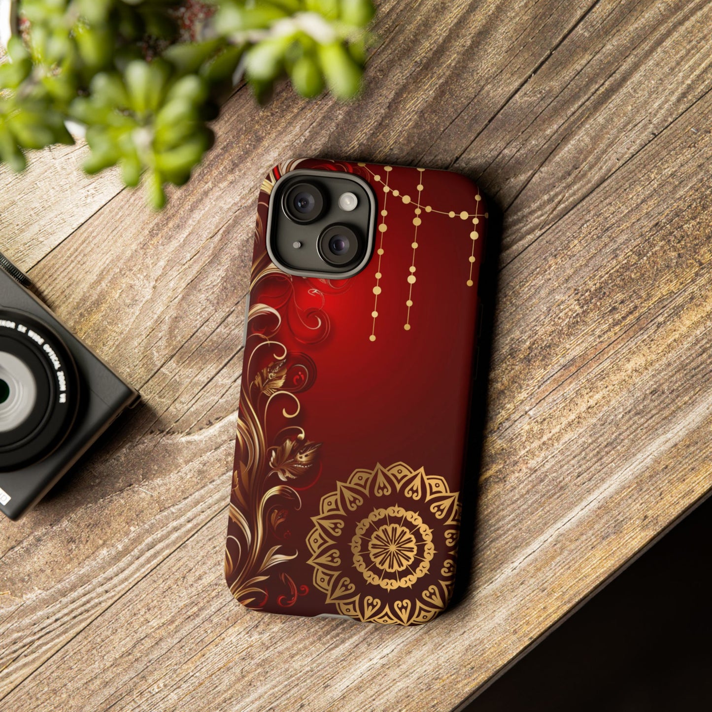 Filigree Red and Gold Tough Phone Case, Protective Cover for iPhone, Stylish Accessories for Women and Men, Durable Phone Case, Gift for Her