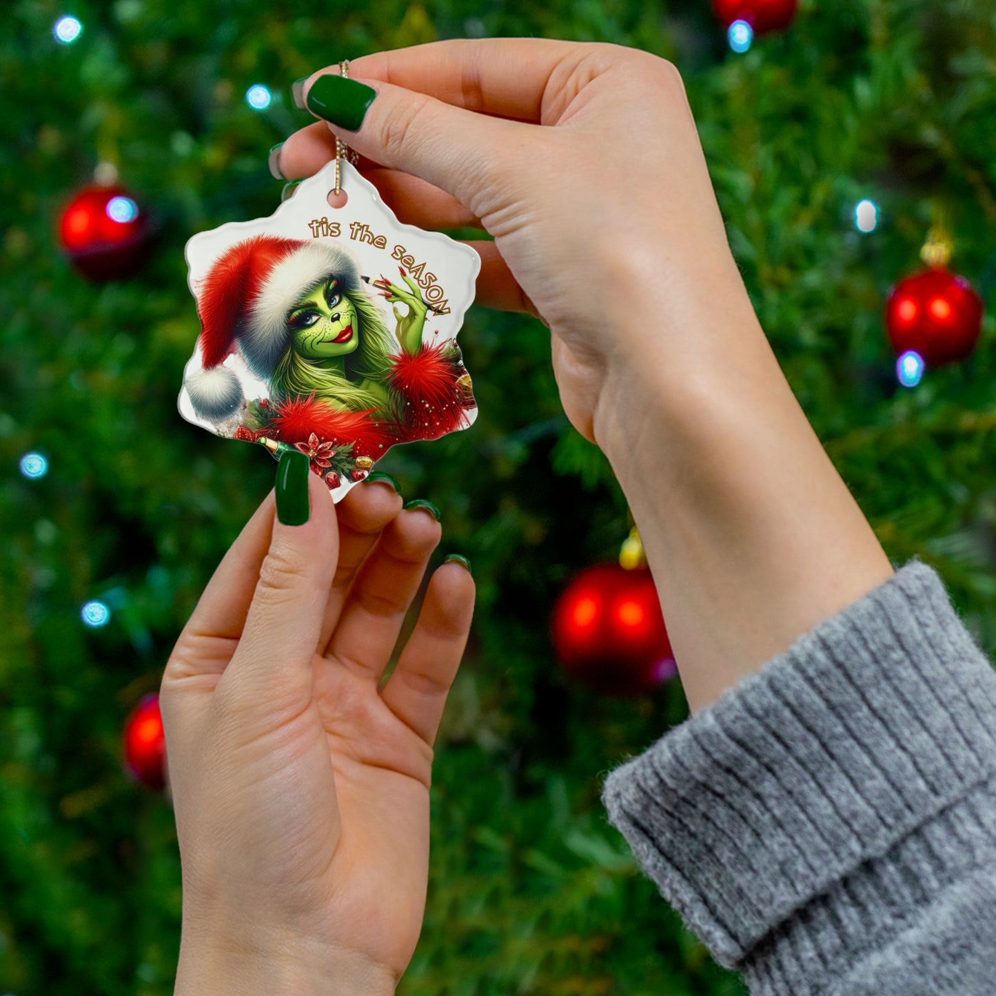 Tis The Season Grinch Ornament, Ms. Grinch Holiday Ornament, Round Christmas Ornament, Snowflake Christmas Ornament, Holiday Grinchmas Ceramic Ornament