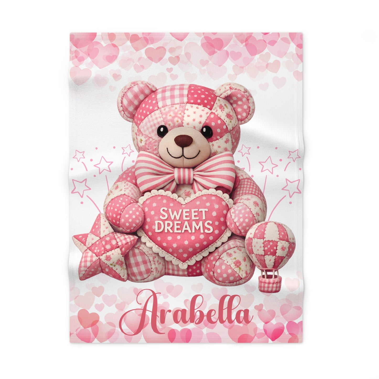 Pink Patchwork Teddy Bear Sweet Dreams baby blanket | soft fleece nursery decor