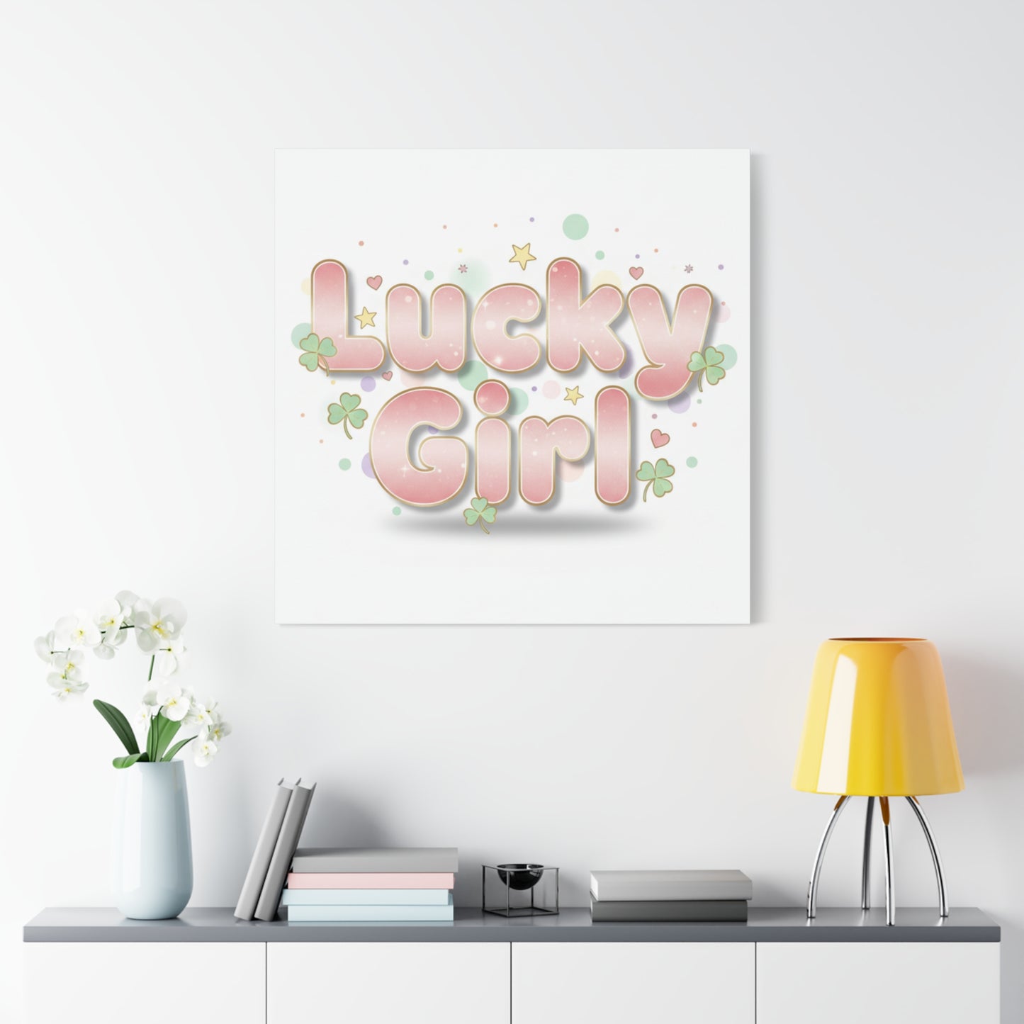 Lucky Girl mantra Canvas, Manifest Luck wall art | 2026 lucky charms, pastel metallic accents