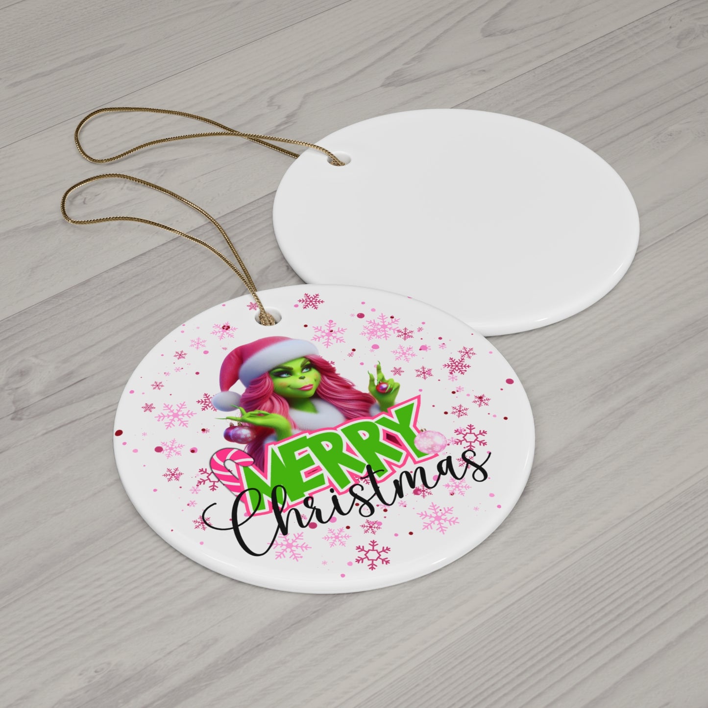 Grinch Merry Christmas Ceramic Ornament, Pink Ms. Grinch Circle & Snowflake Christmas Ornament, Christmas Gift Idea, Holiday Decor