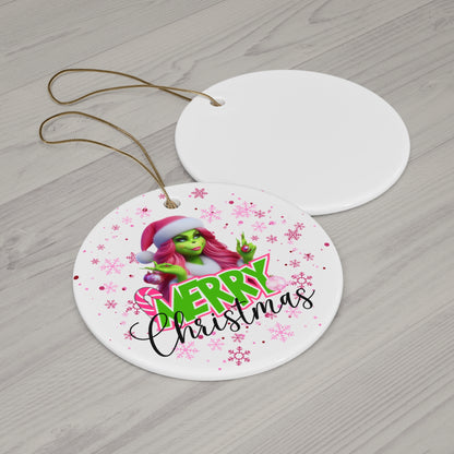 Grinch Merry Christmas Ceramic Ornament, Pink Ms. Grinch Circle & Snowflake Christmas Ornament, Christmas Gift Idea, Holiday Decor