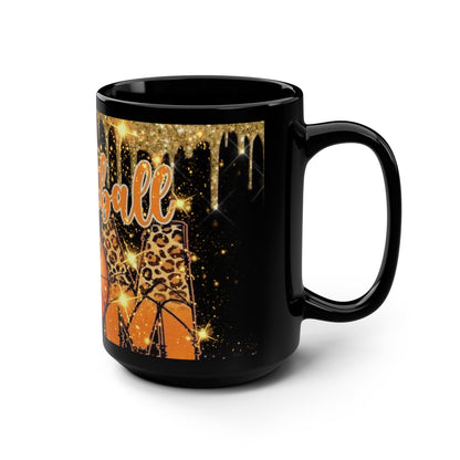 Basketball Mom Black Mug, 15oz with Dripping Gold Design and Sparkles - Gift for Sports Moms, Basketball Fans - Christmas Present, Birthday