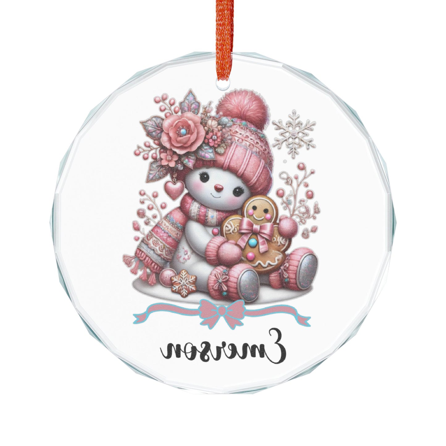 Snowman with Gingerbread Ornament Crystal Glass Ornament | Personalized Name Option