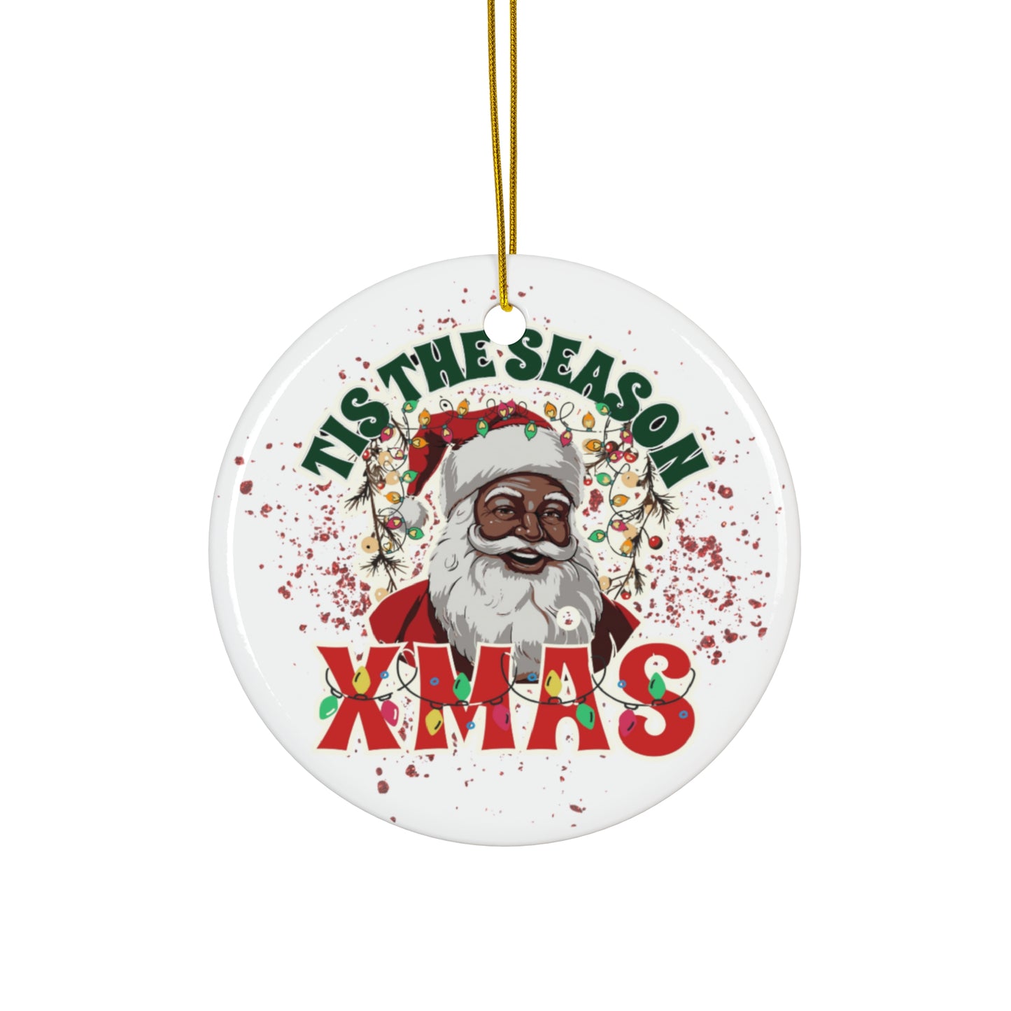 Black Santa Ornament, Tis The Season Xmas Ceramic Ornament, Holiday Decor, Circle Christmas Ornament, Snowflake Christmas Ornament