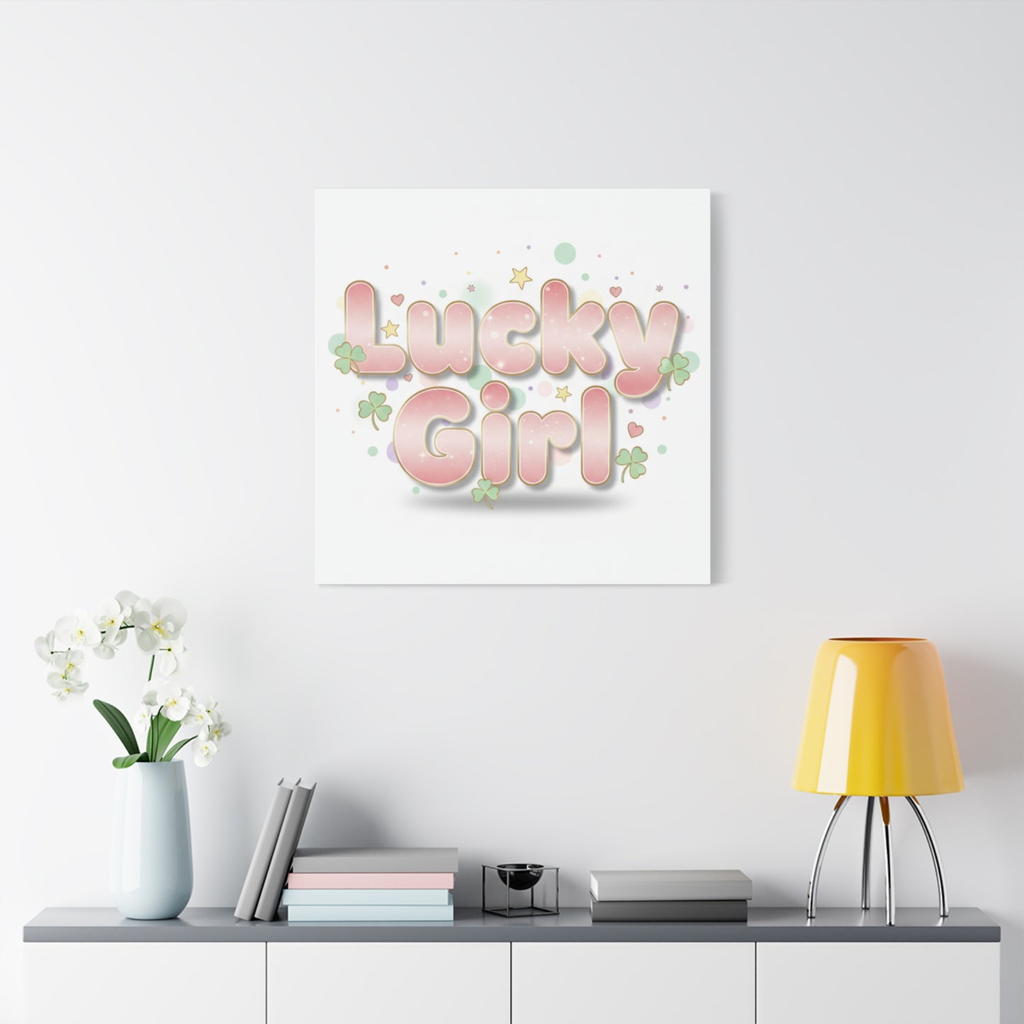 Lucky Girl mantra Canvas, Manifest Luck wall art | 2026 lucky charms, pastel metallic accents
