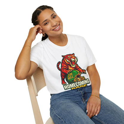 Jim Hill Tigers Homecoming 2025 T-Shirt | Fierce Tiger Mascot Football Graphic Tee | Green & Yellow School Spirit Shirt