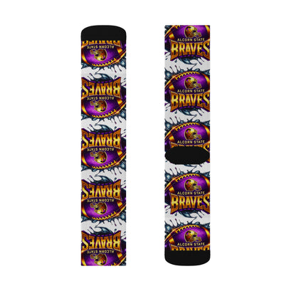 Alcorn State Braves Sublimation Socks, Custom Athletic Crew Socks, HBCU Pride Gift, Purple & Gold Fan Gear, Game Day Accessory, Gift for
