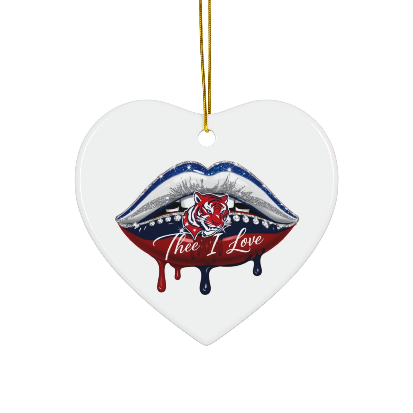 Ceramic Ornament, JSU Lips with Red Tiger Design, Thee I Love, Home Decor, Holiday Decoration, Christmas Ornament