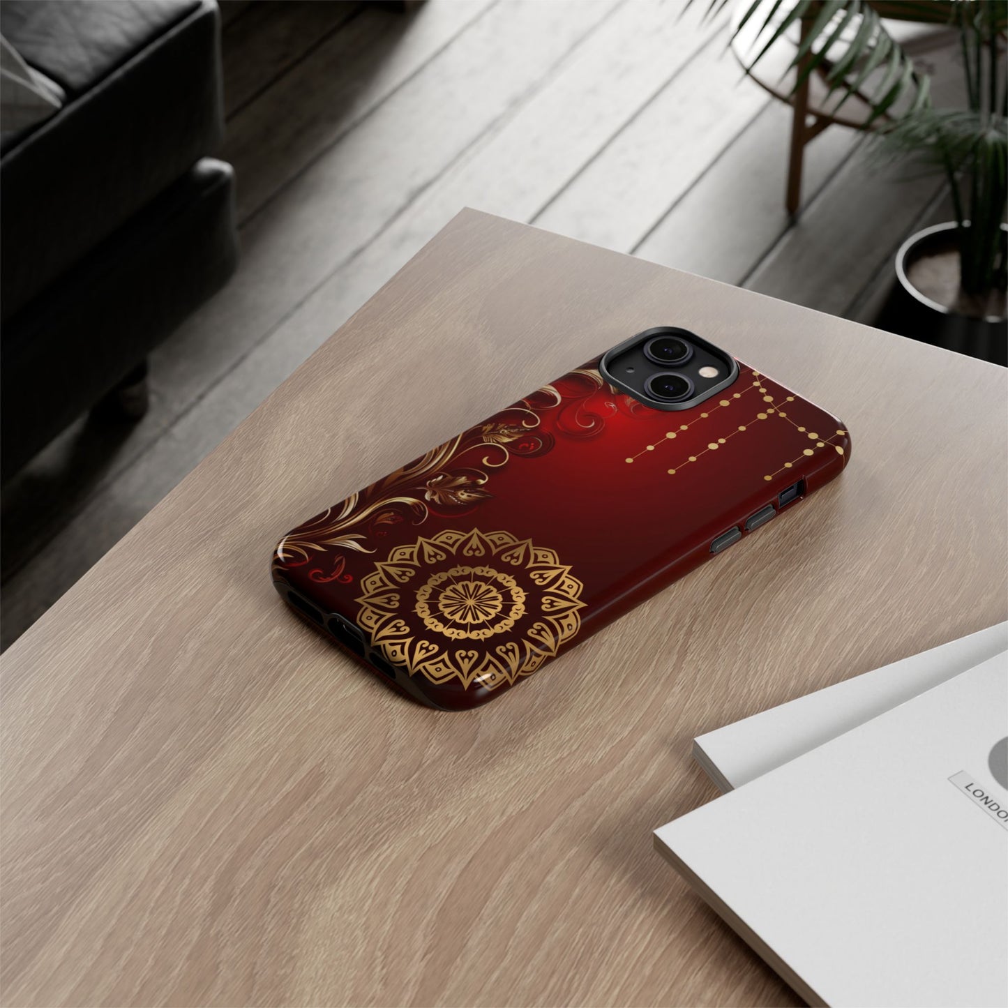 Filigree Red and Gold Tough Phone Case, Protective Cover for iPhone, Stylish Accessories for Women and Men, Durable Phone Case, Gift for Her