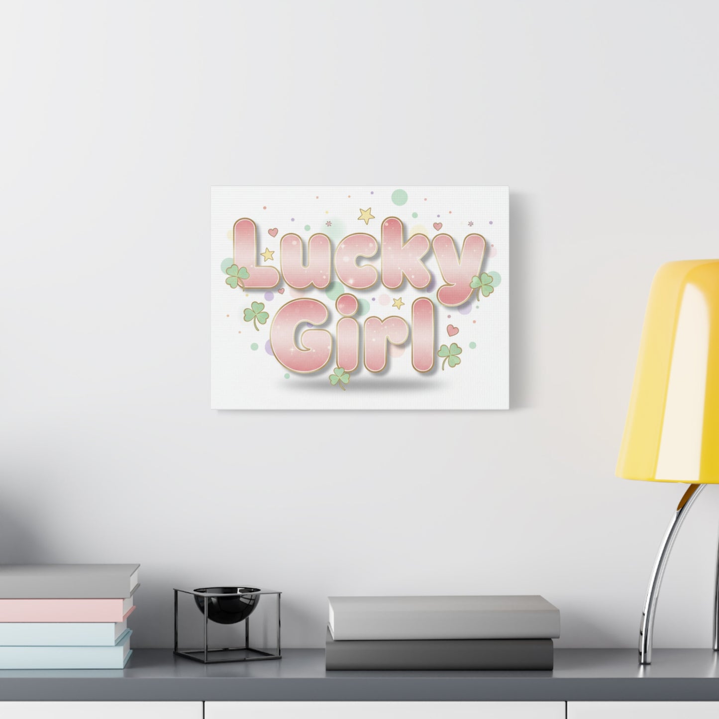 Lucky Girl mantra Canvas, Manifest Luck wall art | 2026 lucky charms, pastel metallic accents
