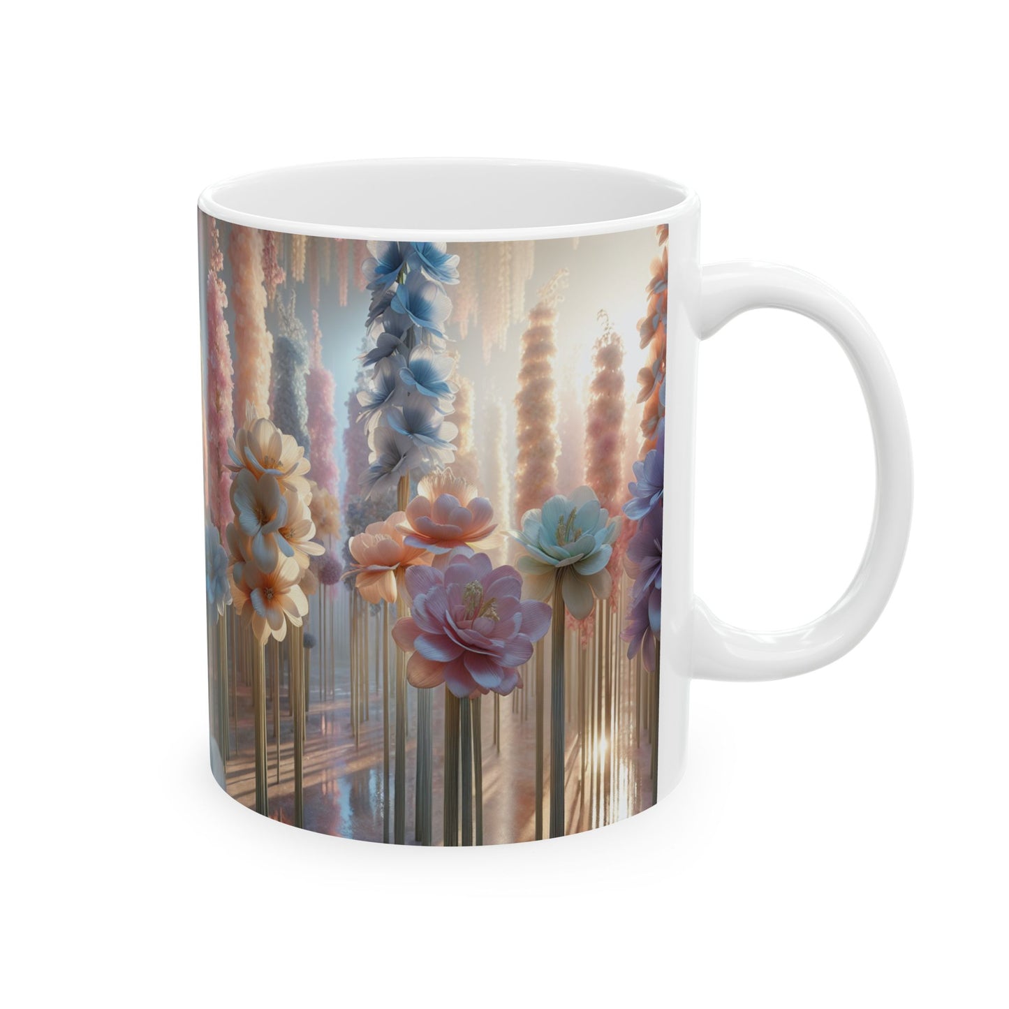 Floral Elegance Ceramic Mug - 11oz, Coffee Cup for Nature Lovers, Beautiful long stem pastel florals