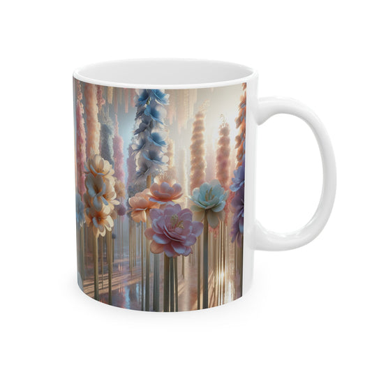Floral Elegance Ceramic Mug - 11oz, Coffee Cup for Nature Lovers, Beautiful long stem pastel florals