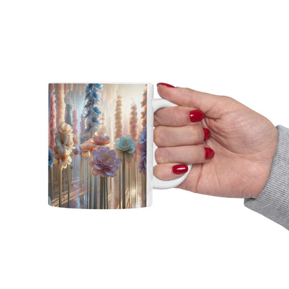 Floral Elegance Ceramic Mug - 11oz, Coffee Cup for Nature Lovers, Beautiful long stem pastel florals