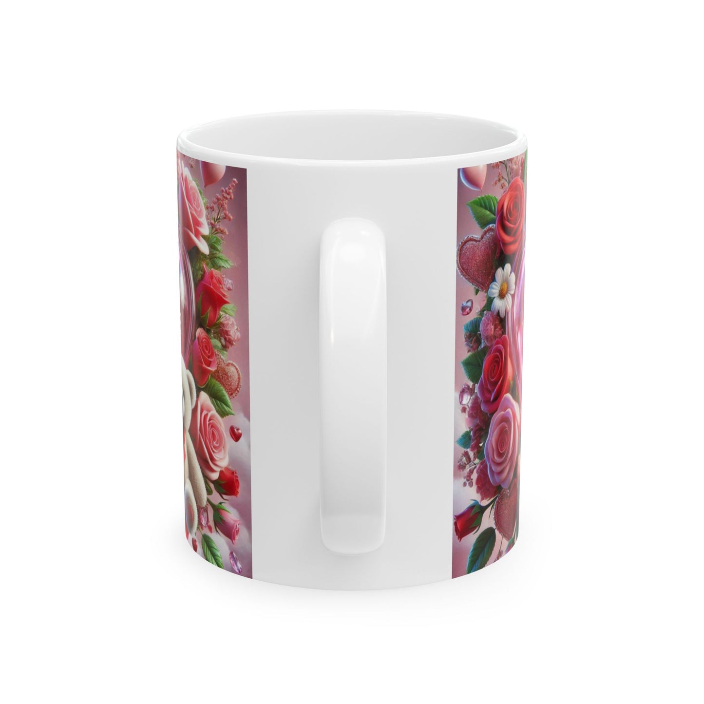 Valentine's Coffee Mug, Be My Valentine Pink Rose Bouquet Ceramic Cup, Valentine's Gift, Teddy Bear, 11oz 15oz Mug for Her, Romantic Coffee