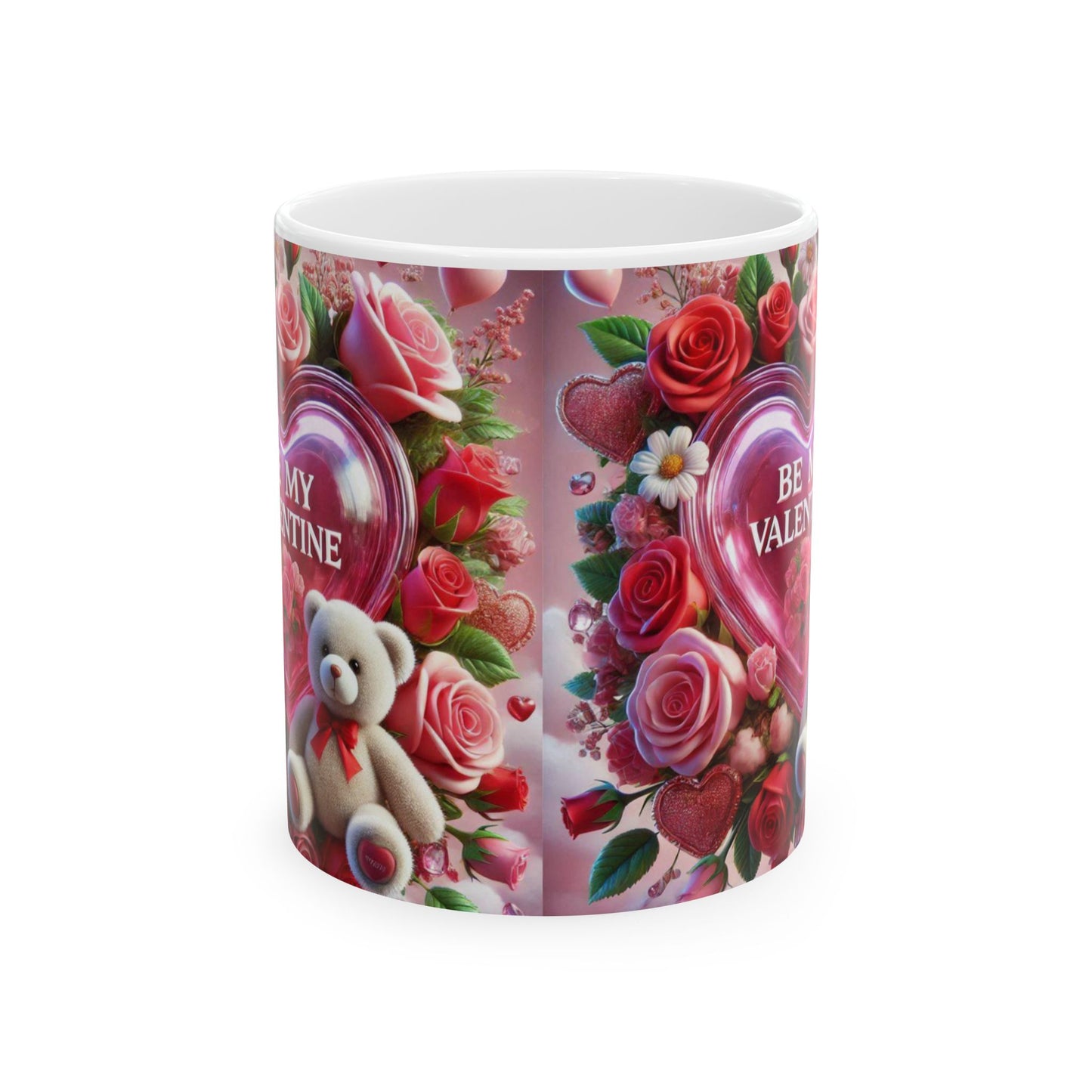Valentine's Coffee Mug, Be My Valentine Pink Rose Bouquet Ceramic Cup, Valentine's Gift, Teddy Bear, 11oz 15oz Mug for Her, Romantic Coffee
