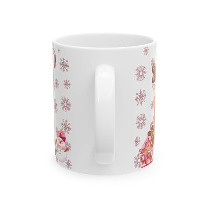 Christmas Holiday Pink Themed Ceramic Mug with Festive Drinks Design, 11oz, 15oz