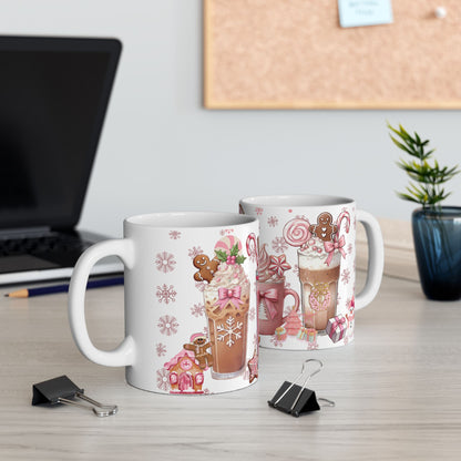 Christmas Holiday Pink Themed Ceramic Mug with Festive Drinks Design, 11oz, 15oz